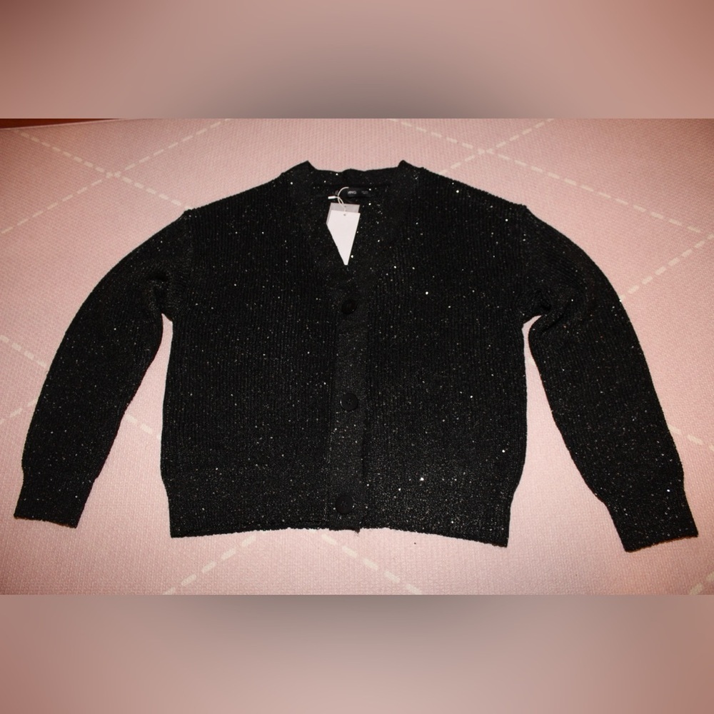 MANGO Paillettes Knit Cardigan Women Large NWT Black embroidered sequin - Picture 5 of 11
